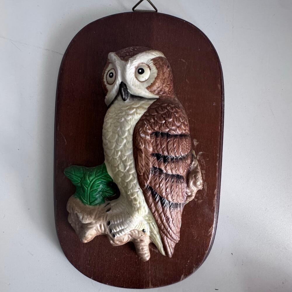 Vintage 1970s Owl Wall Plaques Wooden Hanging Decor Made Taiwan Boho Cottage A5